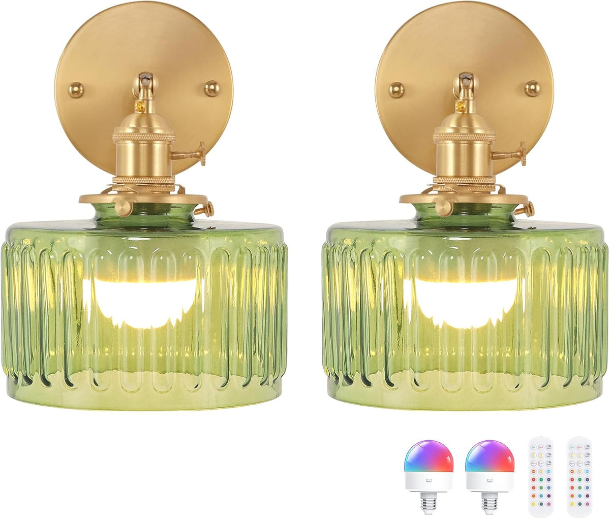 Shenmoyl Battery Operated Wall Sconce with Green Striped Shade Pattern Glass Adjustable Chain Retro Gold Wall Mounted Light, Modern Wall Lamp Fixtures Decor for Bedside Bedroom Indoor Doorway