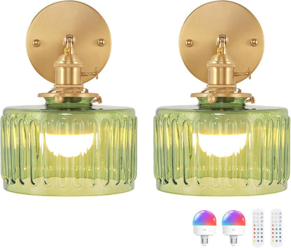 Shenmoyl Battery Operated Wall Sconce with Green Striped Shade Pattern Glass Adjustable Chain Retro Gold Wall Mounted Light, Modern Wall Lamp Fixtures Decor for Bedside Bedroom Indoor Doorway