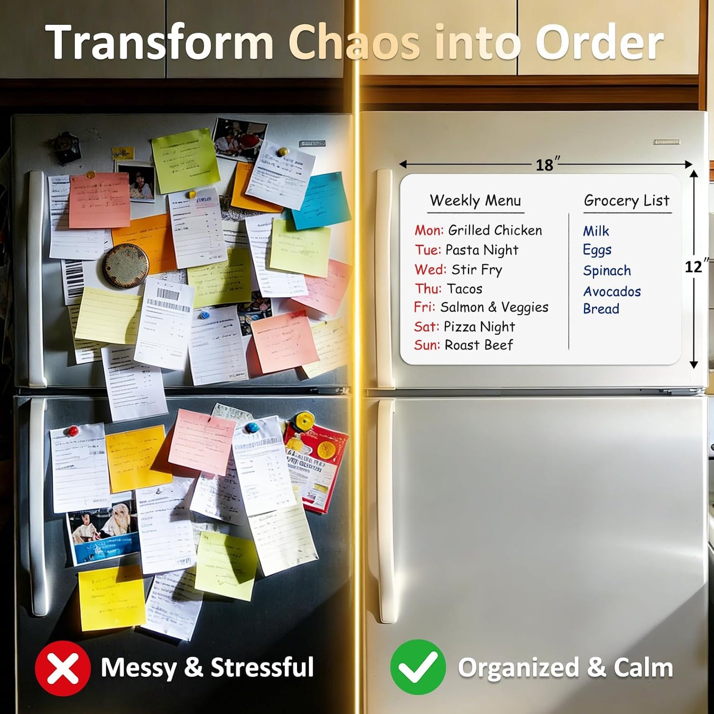 Magnetic White Board for Refrigerator Plan Weekly Menus at a Glance | Dry Erase Sheet for Meal Schedules - 12" x 8" Kitchen Command Center for Busy Moms with Magnet Backing Packed Flat