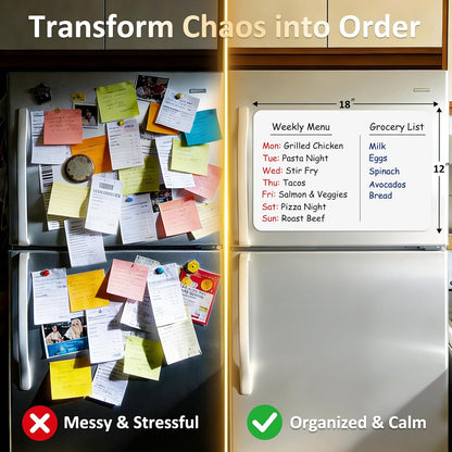 Magnetic White Board for Refrigerator Plan Weekly Menus at a Glance | Dry Erase Sheet for Meal Schedules - 12" x 8" Kitchen Command Center for Busy Moms with Magnet Backing Packed Flat