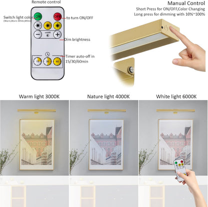 MIOBLUE Rechargeable Picture Lights with Remote,Full Metal Painting Light Display LED Battery Lamp with 3 Lighting Modes, Dimmable Dartboard Light with Timer for Frame Portrait Art
