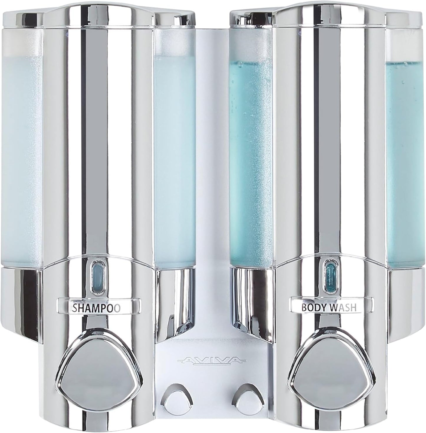 Better Living Aviva Wall Mount Shower Dispenser, 3 x 11 oz, Satin Silver | 3 Chamber, Shower Dispenser for Bathroom, Built-in Hooks, No Drill, Waterproof Dispenser Pump