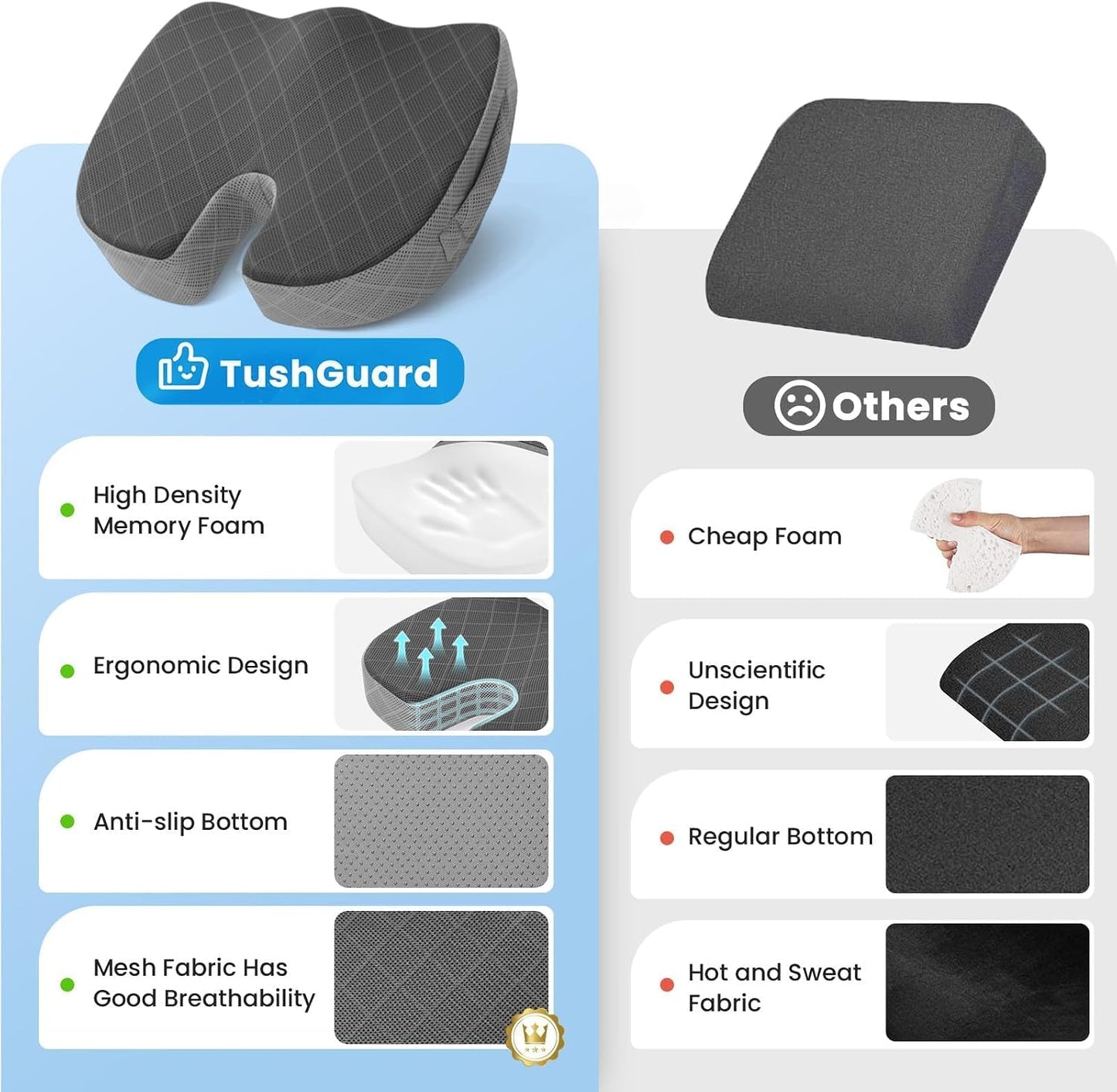 TushGuard Office/ Car Seat Cushion, Non-Slip Sciatica & Back Coccyx Tailbone Pain Relief Chair Pad, Memory Foam Butt Pillow for Computer Desk, Wheelchair, Driving (Black)
