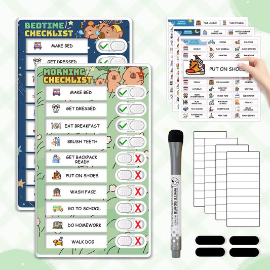 2 in 1 Upgraded Slider Morning/Bedtime Routine Chart for Kids Toddlers - Magnetic Kids Chore Chart for 2 Kids, Dry Erase Chore Chart for Kids, Visual Schedule for Kids with Cute Chore Stickers
