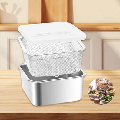Stainless Steel Food Container with Strainer Colander Set Fridge Organizer Bin Multifunctional Kitchen Drain Basket for Lettuce Fruits, Vegetables, 1500ml