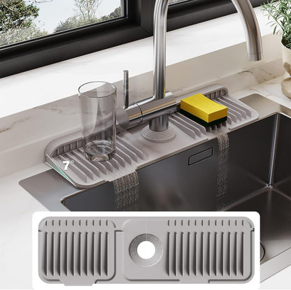 24-Inch Silicone Faucet Mat for Kitchen Sink Splash Guard, 7° Slope | 24"x5.5" water draining mat with fasten button; 1.6-2.75" customizable hole for bathroom, RV & kitchen sink drip catcher.