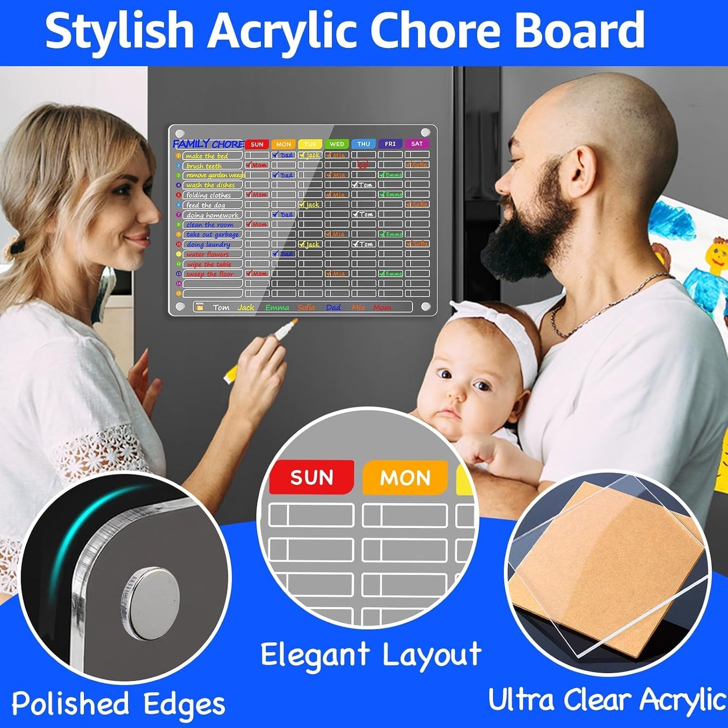 PigPotParty 2-in-1 Acrylic Magnetic Chore Chart for 2 Kids, Large 16x12 in | Clear Dry Erase Fridge Chore Board for Teens, Roommates; Vibrant Layout; Embedded Magnets; 12 Wet-Erase Markers and Towel