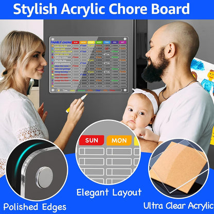 PigPotParty 2-in-1 Acrylic Magnetic Chore Chart for 2 Kids, Large 16x12 in | Clear Dry Erase Fridge Chore Board for Teens, Roommates; Vibrant Layout; Embedded Magnets; 12 Wet-Erase Markers and Towel