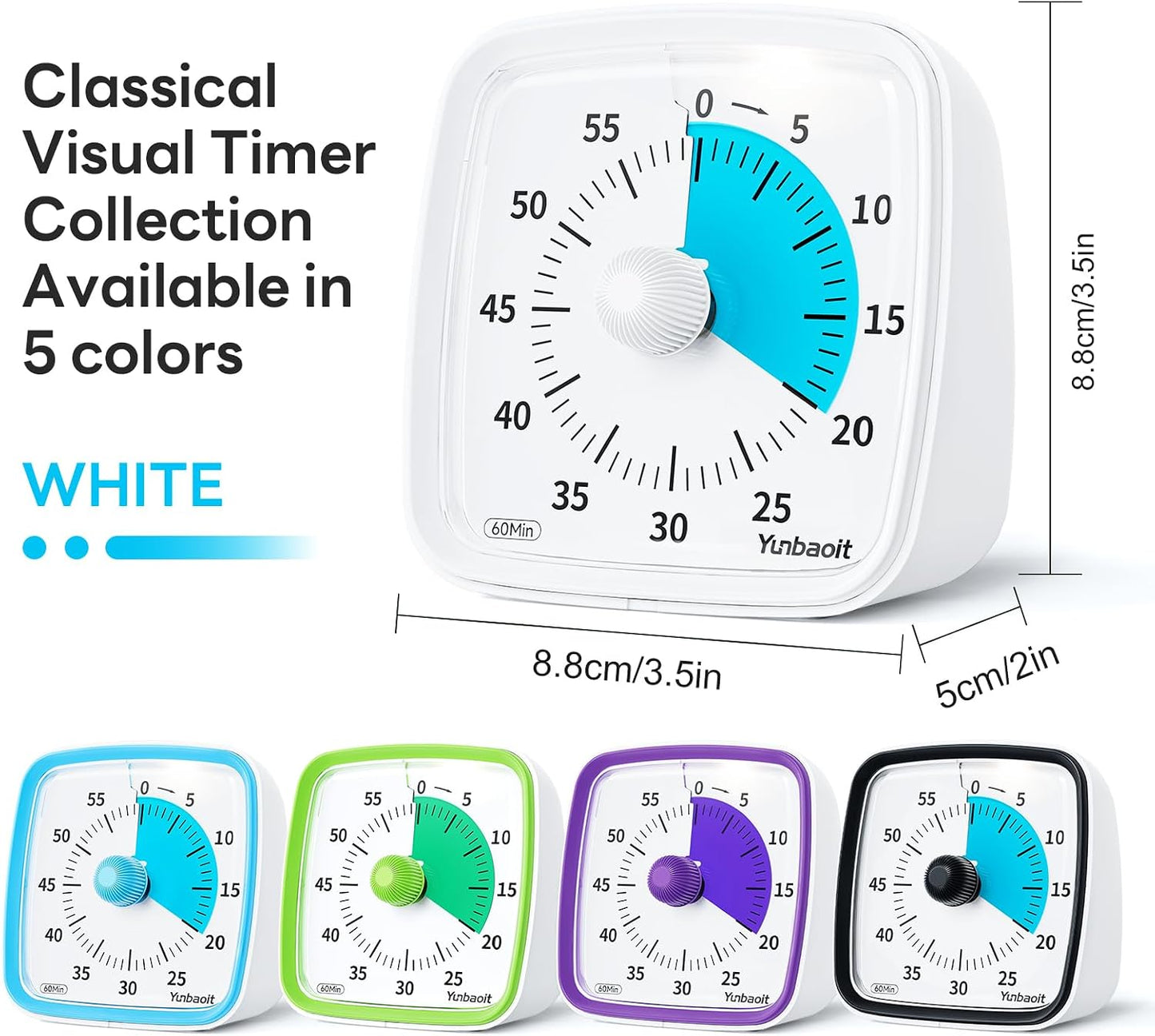 Yunbaoit Visual Timer with Night Light, 60 Minute Countdown, Light Blue | 3 Alarm Modes, Mute Flash, for Kids and Adults, Time Management Tool for Classroom, Home, School, and Work