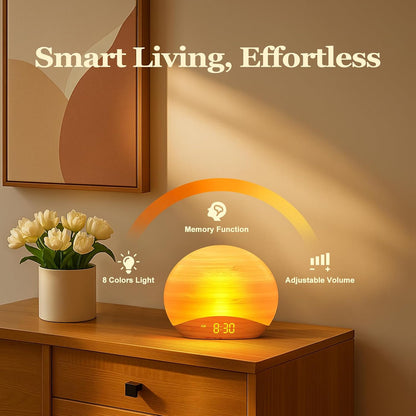 REACHER Wood Grain Sunrise Alarm Clock, Bluetooth Speaker, FM Radio & Light
