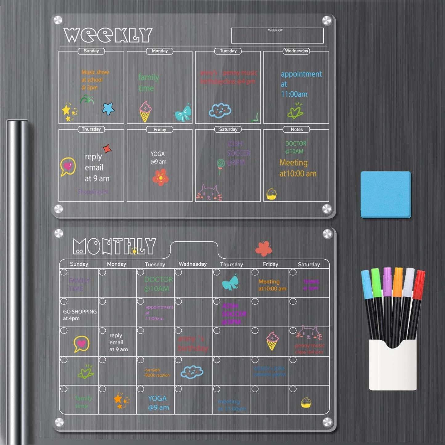 Hivillexun 16.5"x12" Clear Acrylic Magnetic Dry Erase Calendar Board with Monthly & Weekly Planner, 6 Markers & Large Eraser for Fridge, Office, Home (White)