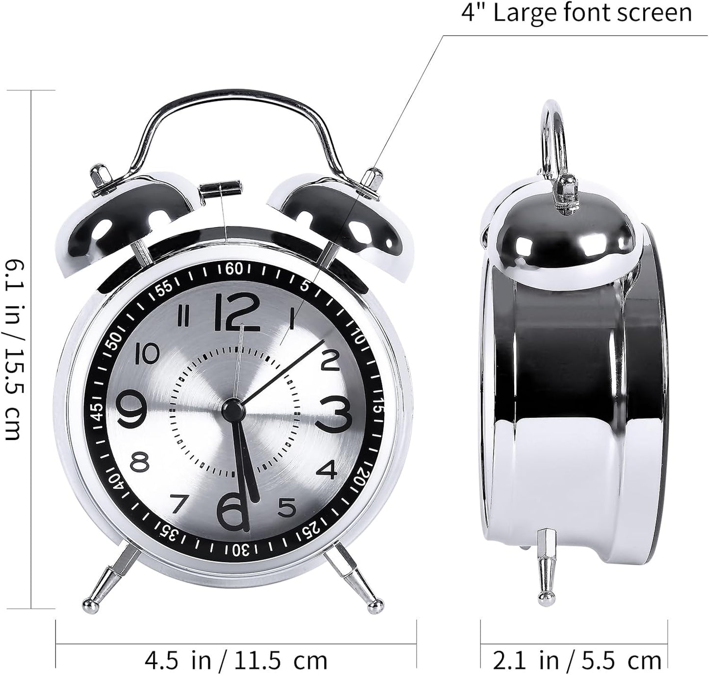 pxy Loud Alarm Clock for Heavy Sleepers 3D Dial Battery Operated (Battery Include), 4" Super Silent Analog Alarm Clock for Kids with Night Light PT260 Silver OrangePT505 Green White
