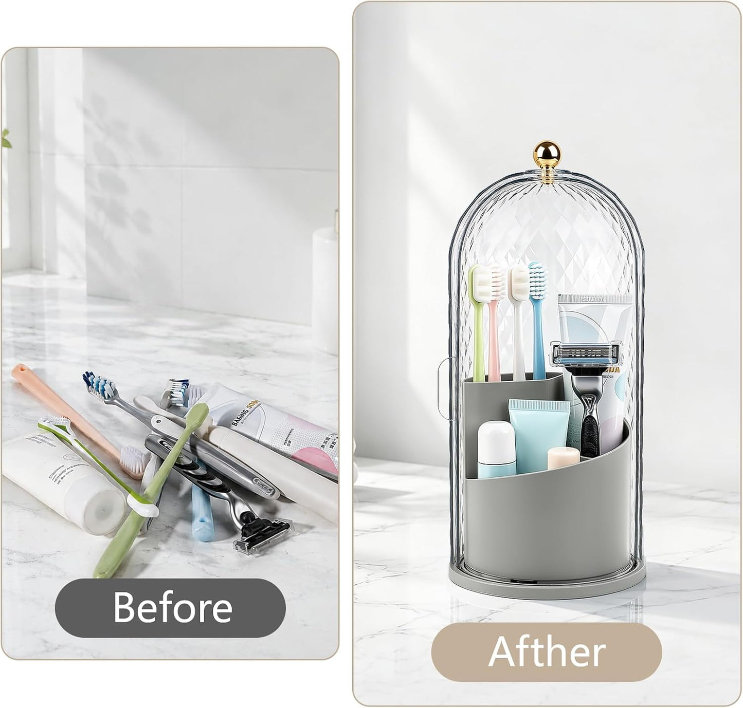 Toothbrush Holder with Cover for Bathroom Countertop, Organizer, White | Rotating 3 Slot Holder for Electric Toothbrushes, Toothpaste, Self Draining Vanity Organizer, Makeup Brush Storage