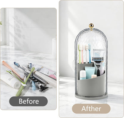 Toothbrush Holder with Cover for Bathroom Countertop, Organizer, White | Rotating 3 Slot Holder for Electric Toothbrushes, Toothpaste, Self Draining Vanity Organizer, Makeup Brush Storage