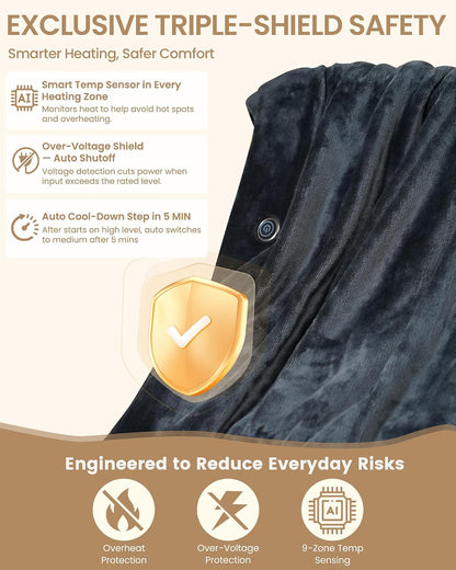 MIMYTH Cordless Heated Blanket with Hood, Rechargeable Wearable Heated Blanket Battery Powered with Lasting Battery, Portable Heated Throw Blanket with 9 Heating Zones & 3 Levels, Camping (Wool Gray)