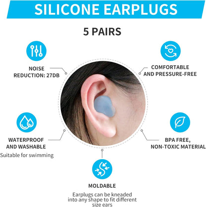 LYSIAN Moldable Silicone Ear Plugs for Sleep & Swim, Adults & Kids, 5 Pairs | Reusable noise cancelling moldable earplugs for sound blocking, snoring & study; blue