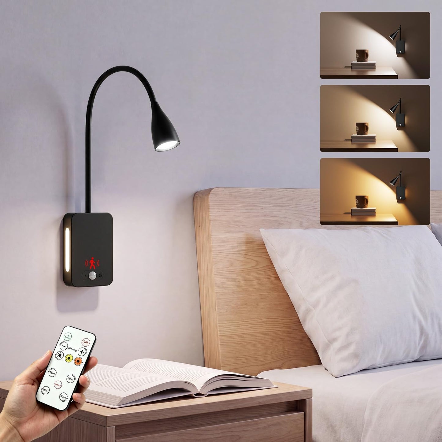 LED Wall Mounted Reading Light,4000mAh Bedside Wall Lamp with Remote Control & Motion Sensor,Book Light for Reading in Bed,3 Color Temps,Dimmable & Timers,360° Flexible Gooseneck Night Light,Black
