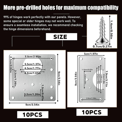 20 PCS Upgraded Cabinet Hinge Repair Plate Kit Thickened by 0.7 mm Stainless Steel Hinge Repair Brackets Kit Metal Hinges Repairs Fixing Plates with Screw for Kitchen Cupboard Door Locker Cabinet Door