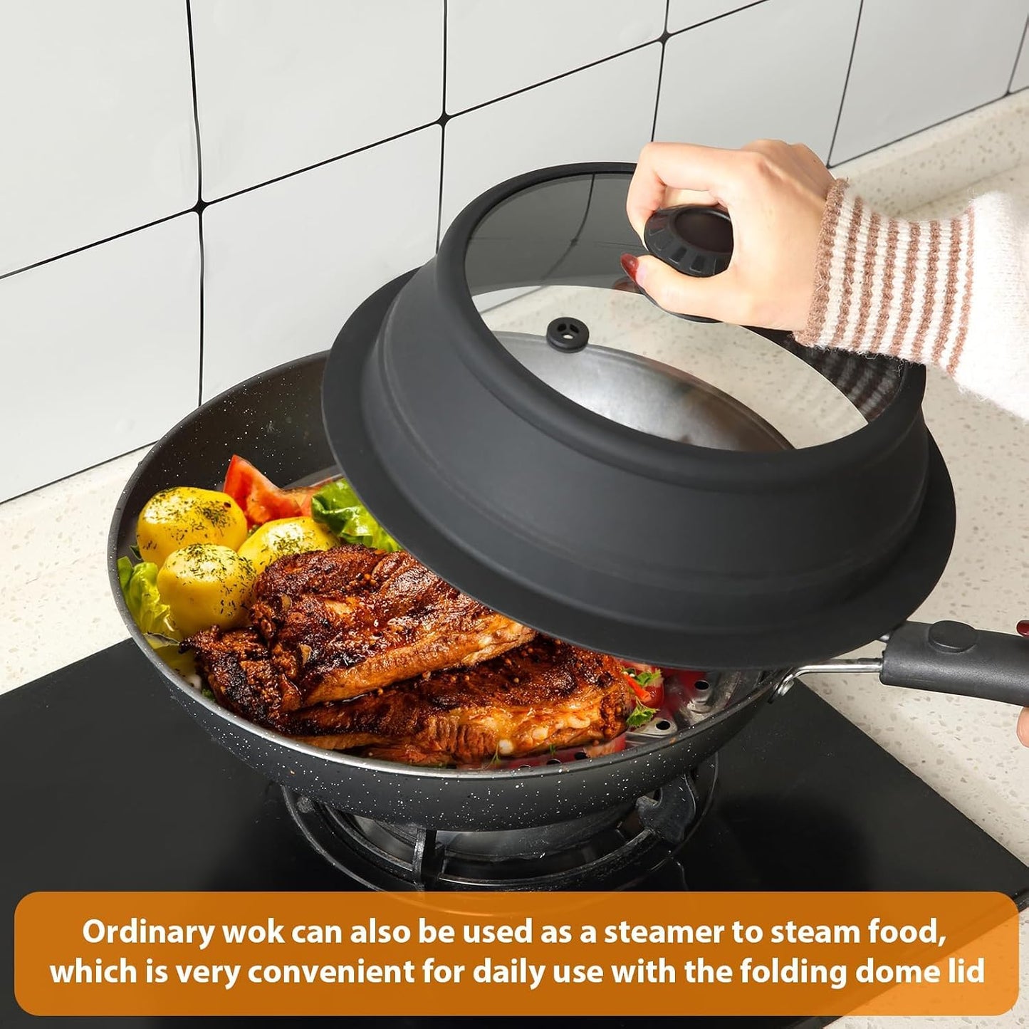 Collapsible Microwave Splatter Lid with Vented Tempered Glass Cover Wok Lid for Microwave Safe, Stockpot Steamer Pot Pan Round Bowl Plate 5" 6" 7" 8" 9" 10" Universal Multifunction Silicone Cover