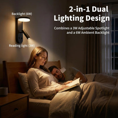 Wall Mounted Reading Lights for Bedroom - Independent Switch, 350° Adjustable Bedside Lamps Set of 2, Hardwired Installation LED Wall Sconces for Living Room, Study Room