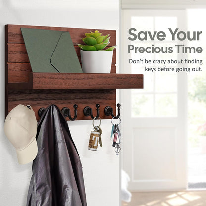 HONJIN Key Holder Wall Mount with Shelf and 5 Sturdy Key Hooks (White) | Key and Mail Holder Wall Mount, Wooden Entryway Organizer and Decorative, Easy Installation, 10*3.8*6.85 Inch