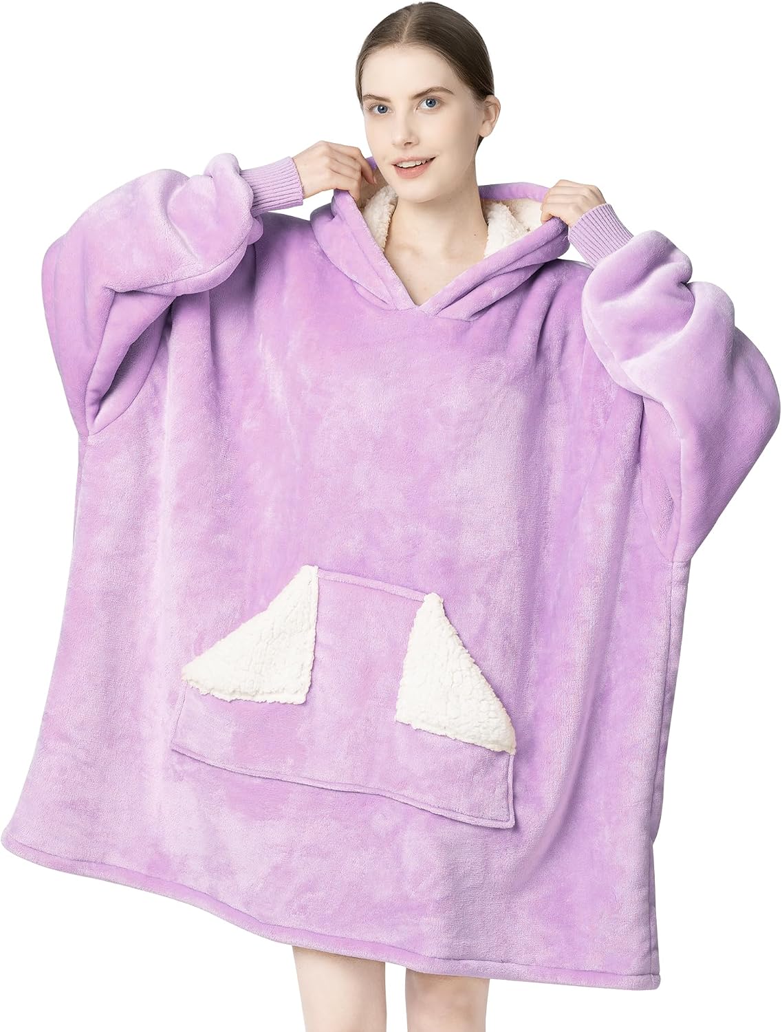 Wearable Blanket Hoodie, Oversized Sherpa Fleece Sweatshirt Blanket with Giant Hood Pocket and Sleeves for Adult, Warm & Cozy Grey Blanket Gifts for Women