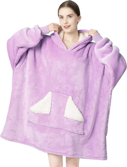 Wearable Blanket Hoodie, Oversized Sherpa Fleece Sweatshirt Blanket with Giant Hood Pocket and Sleeves for Adult, Warm & Cozy Grey Blanket Gifts for Women