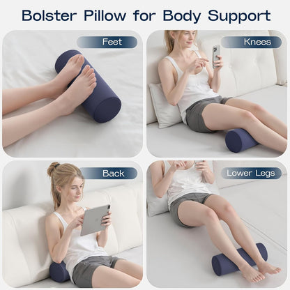 Neck Roll Pillow for Neck Pain Relief - Memory Foam Neck Support Pillow for Bed | Round Neck Pillow for Sleeping, 15.7 * 6 * 6 inch (Cool-Blue)