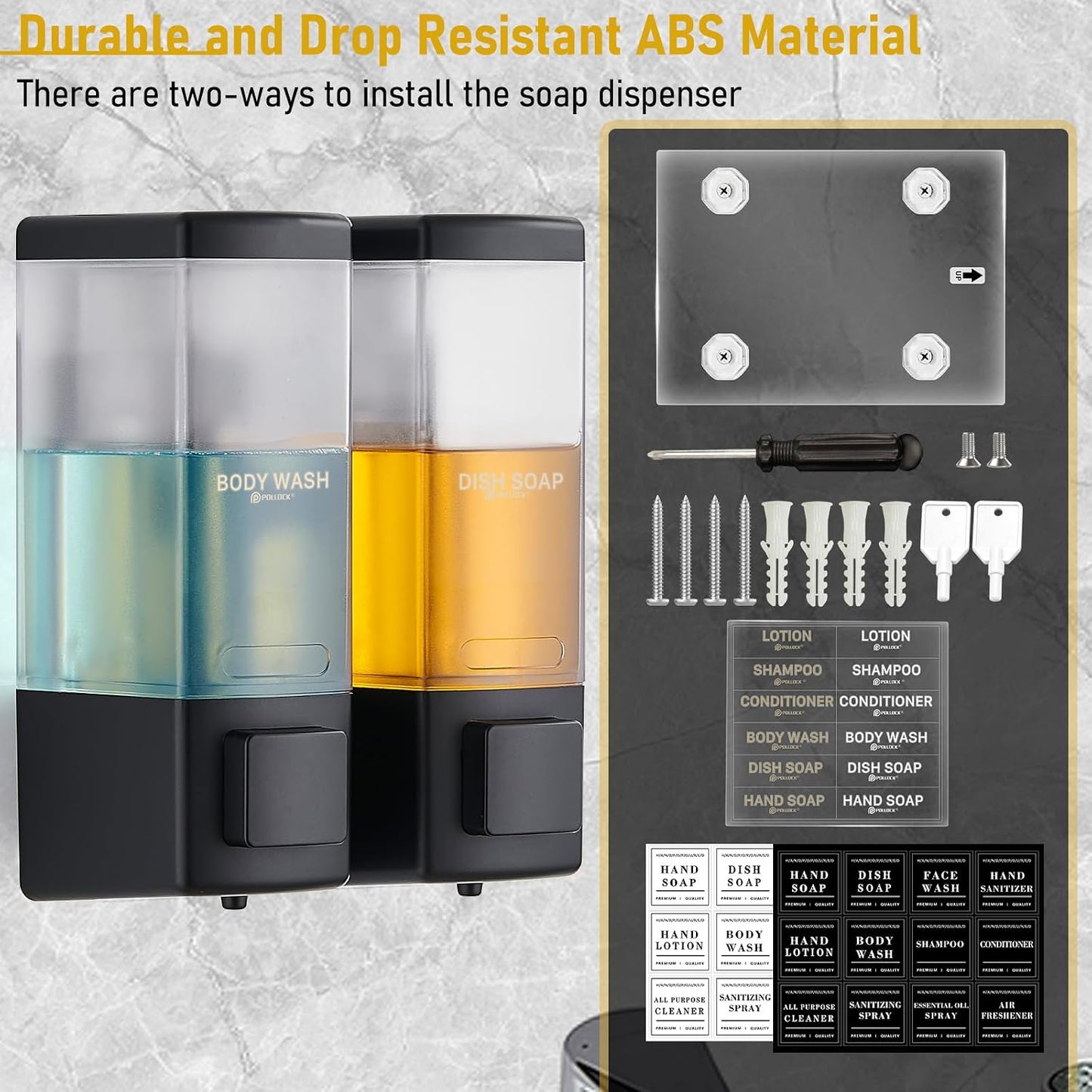 Pollock Shampoo and Conditioner Dispenser,Black 3 Chamber * 500ML | Shower Soap Dispenser Wall Mounted, Body Wash Dispenser No Drill,Refillable Shower Dispenser for Bathroom,Hotel,Public Place