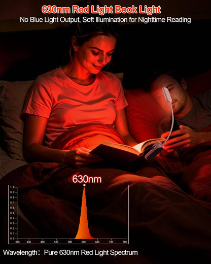 630nm Red Book Light for Reading at Night [1 Pack] - Zero Blue Light, Dimmable Reading Lights for Books in Bed, LED Book Lamp Clip on, Gift for Students Parents Nurse Studying Travel