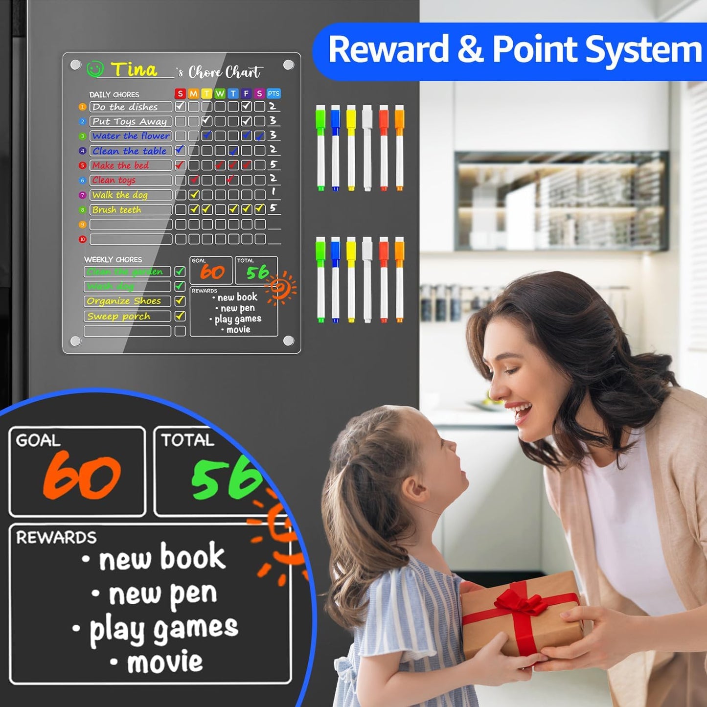 PigPotParty 2-in-1 Acrylic Magnetic Chore Chart for 2 Kids, Large 16x12 in | Clear Dry Erase Fridge Chore Board for Teens, Roommates; Vibrant Layout; Embedded Magnets; 12 Wet-Erase Markers and Towel