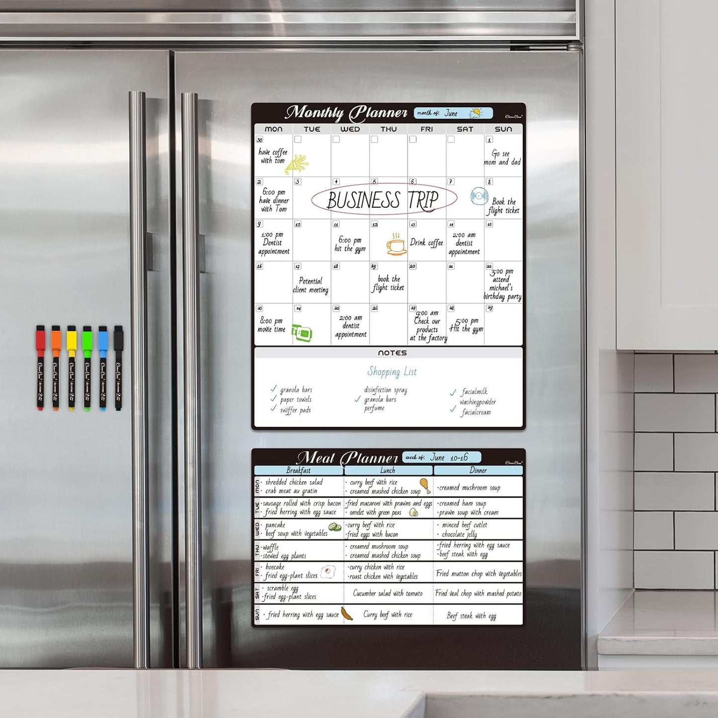 Magnetic Dry Erase Monthly Calendar Set - 15.5"x13" Monthly and 8.5"x13" Weekly Calendar for Fridge - 6 Extra Fine Point Markers Included - Shipped Flat