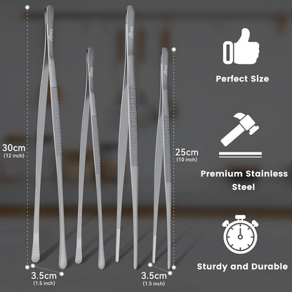 HOTEC Kitchen Tweezers Tongs Stainless Steel, Set of 6 - Professional Cooking Tweezers for Cooking, Chefs, BBQ, Seafood, Baking & Repair