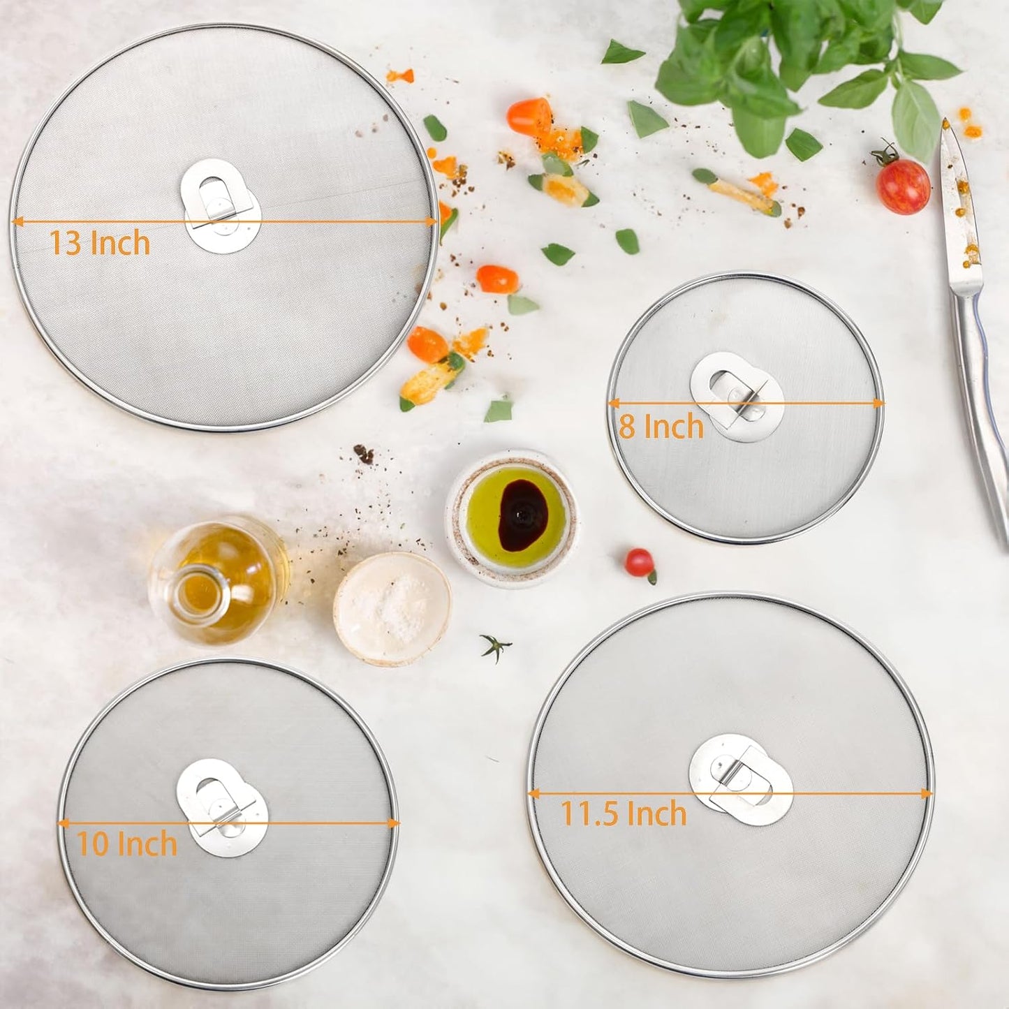 Nicunom 4 Pack Splatter Screen for Frying Pan, 13", 11.5", 10", 8" Stainless Steel Grease Splatter Guard with Fold Flat Knob, Kitchen Oil Splatter Guard Set for Safe Cooking