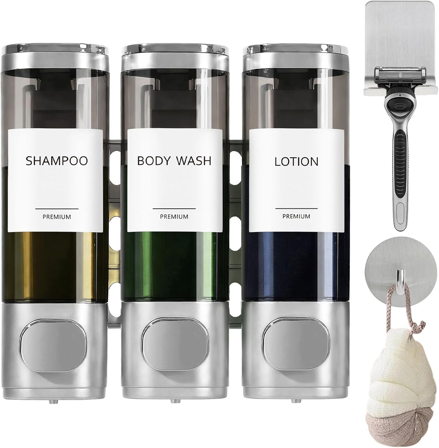 GMISUN Shower Soap Dispenser Wall Mounted with Razor Holder & Loofah Hook, No Drill Design Shampoo and Conditioner Dispenser, Plastic Shower Soap Dispenser Bottles with Labels Set of 3,Satin Silver
