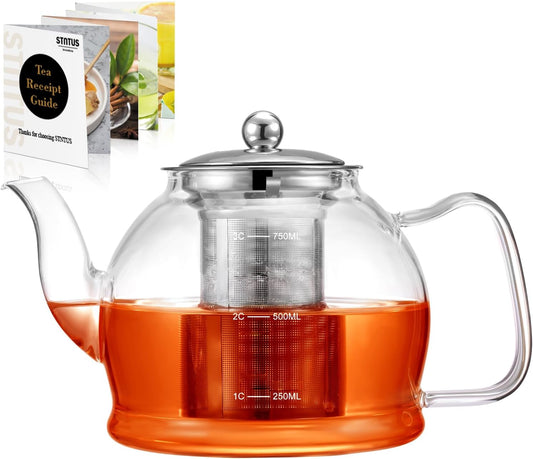 STNTUS Glass Teapot, 40 oz. / 1200 ml for Loose Tea, With Infuser and Stainless Steel Strainer, Stovetop Safe, 4-6 Cups