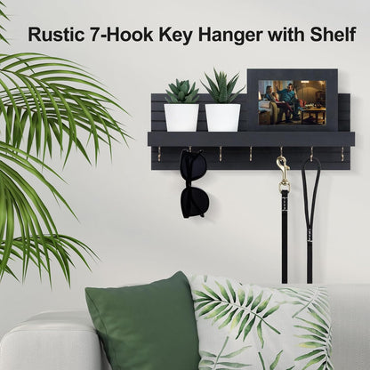 Lwenki Decorative Key Holder for Wall with Shelf, Entryway Shelf with Hooks Holds Leashes, Jackets and Glasses – Sturdy Wood Keyholder Entrance Hanger with Mounting Hardware (Black, Medium)