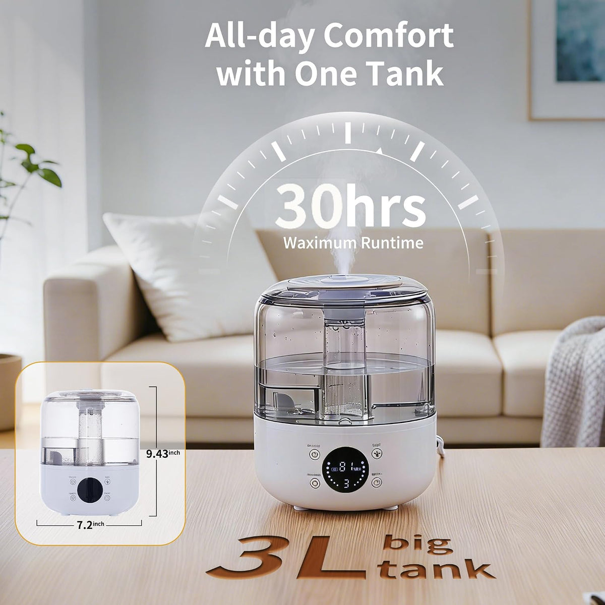 3L Top Fill Cool Mist Ultrasonic Humidifier