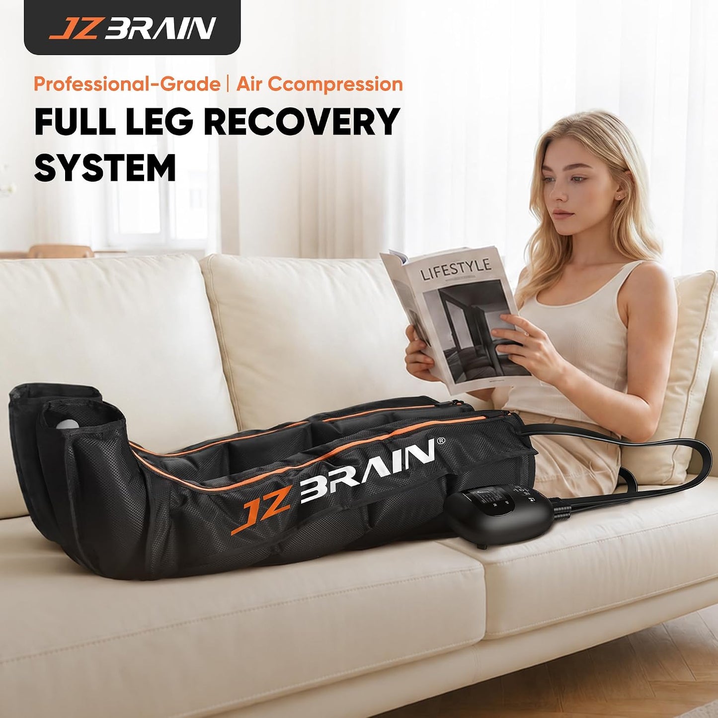 JZBRAIN Compression Boots, Full Leg Compression Massager for Circulation | Professional Grade, Sequential Massage, Cordless and Rechargeable Use, 3500mAh, 5H Runtime, 6 Modes, 8 Intensity, Large