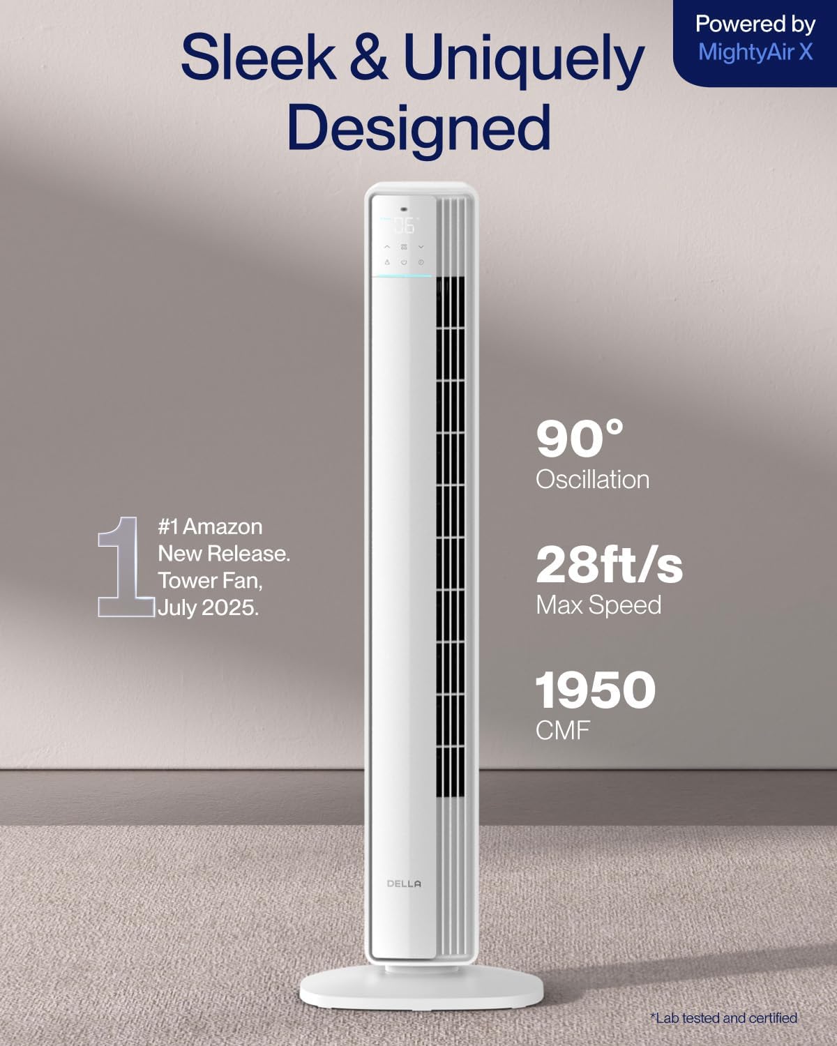 Della 42" Smart Tower Fan, Ultra Quiet 23dB Cooling Fan with 12 Speeds, 90° Oscillating, 28ft/s Airflow, DC Motor, 24H Timer, Voice/App/Remote Control for Bedroom Office Living Room, White