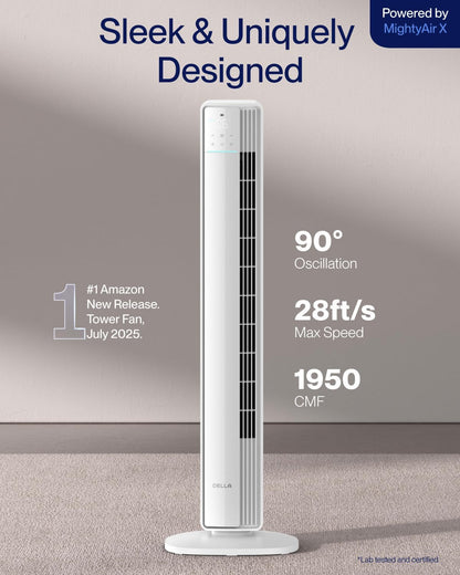 Della 42" Smart Tower Fan, Ultra Quiet 23dB Cooling Fan with 12 Speeds, 90° Oscillating, 28ft/s Airflow, DC Motor, 24H Timer, Voice/App/Remote Control for Bedroom Office Living Room, White