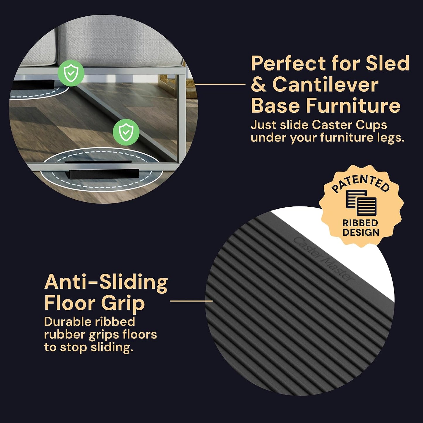 Non-Slip Furniture Pads - 4x4 in Brown, 4 Pack | Square rubber caster cups - anti-skid - Use for heavy sofas, beds & chairs on hardwood floors
