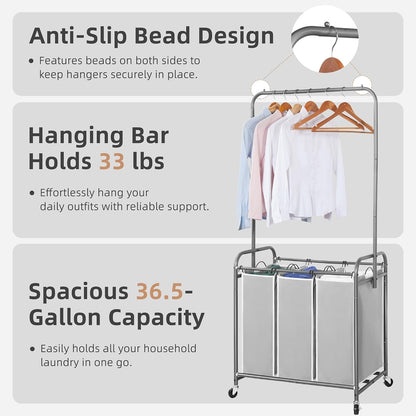 STORAGE MANIAC Laundry Sorter with Hanging Bar, Portable, Removable Laundry Hamper Cart with Heavy Duty Lockable Wheels and Removable Bags, Rolling Laundry Basket Organizer 181L, 4 Section Gray