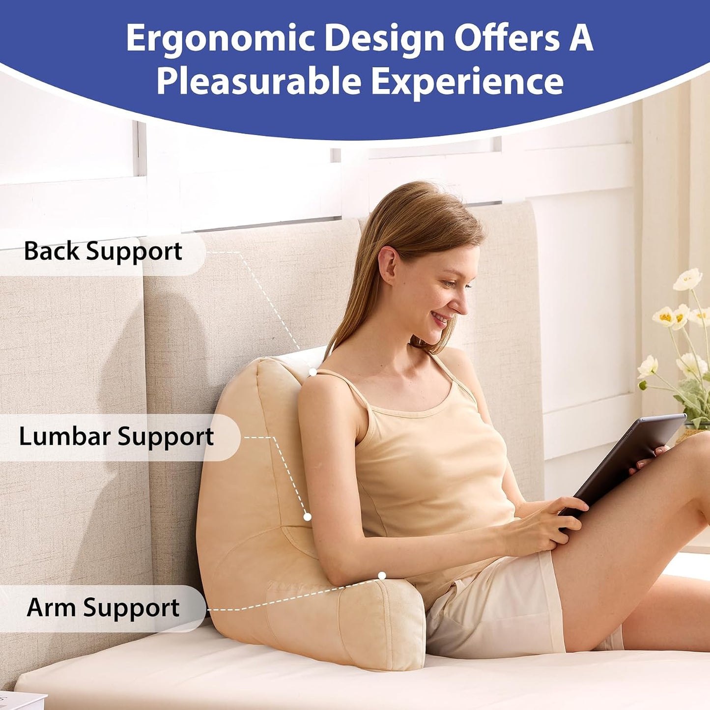 Reading Pillows for Sitting in Bed Adult, Back Pillow for Bed Sitting Up, Backrest Pillows with Shredded Foam for Adult&Teens, Support Pillow with Arms for Beds, Couch, Floor, 24in, Beige