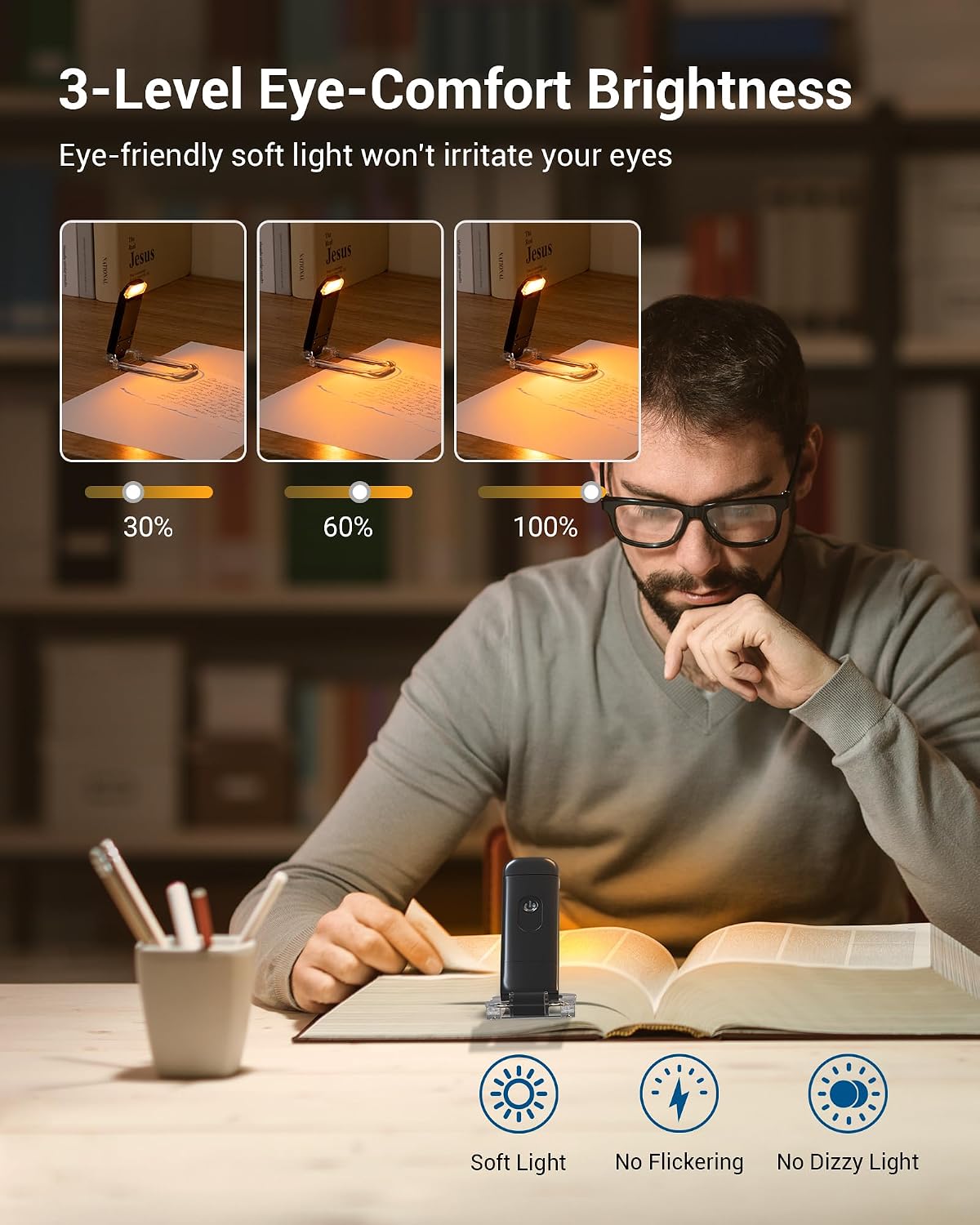 DEWENWILS Book Light, Amber Warm Clip On LED with 3 Adjustable Brightness for Eye Protection, Rechargeable USB Long Lasting Reading Light, Gifts for Bookworms, Kids (Black) | Amber Glow, 3 Brightness Levels, Flexible Lighting Angle, Compact &