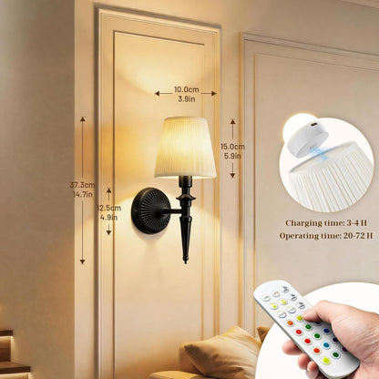 Battery Operated Wall Sconces Set of 2, Wireless Rechargeable Wall Lights with 12 RGB Colors and 3CCT Dimmable, Small Fabric LED Wall Lamps for Bedroom, Living Room, Hallway, Gold