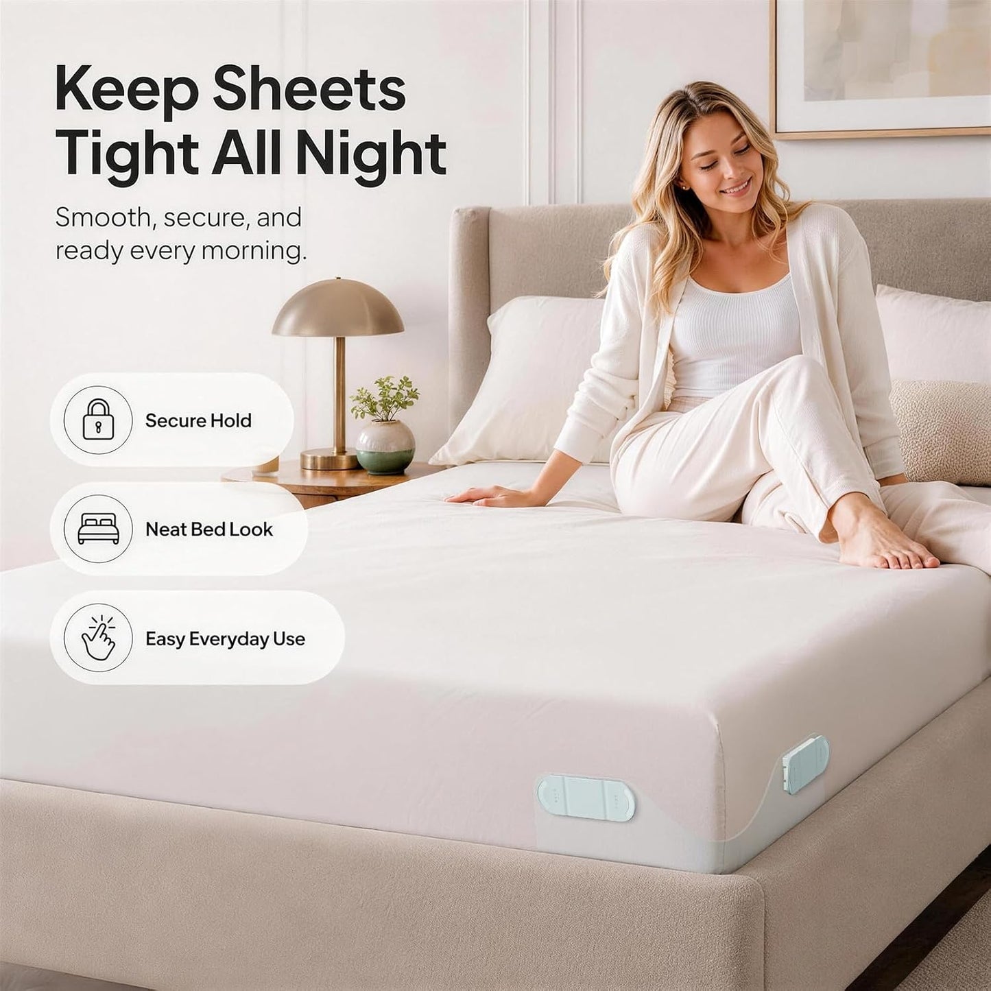 B-Land Bed Sheet Holders for Corners:4 Pack Non-Stretch External Clips- Fitted Sheet Grippers for Deep Pockets- No-Lift for Dorm & RV Beds, Keep Sheets Tight on Memory Foam & Twin-King (White+Grey)