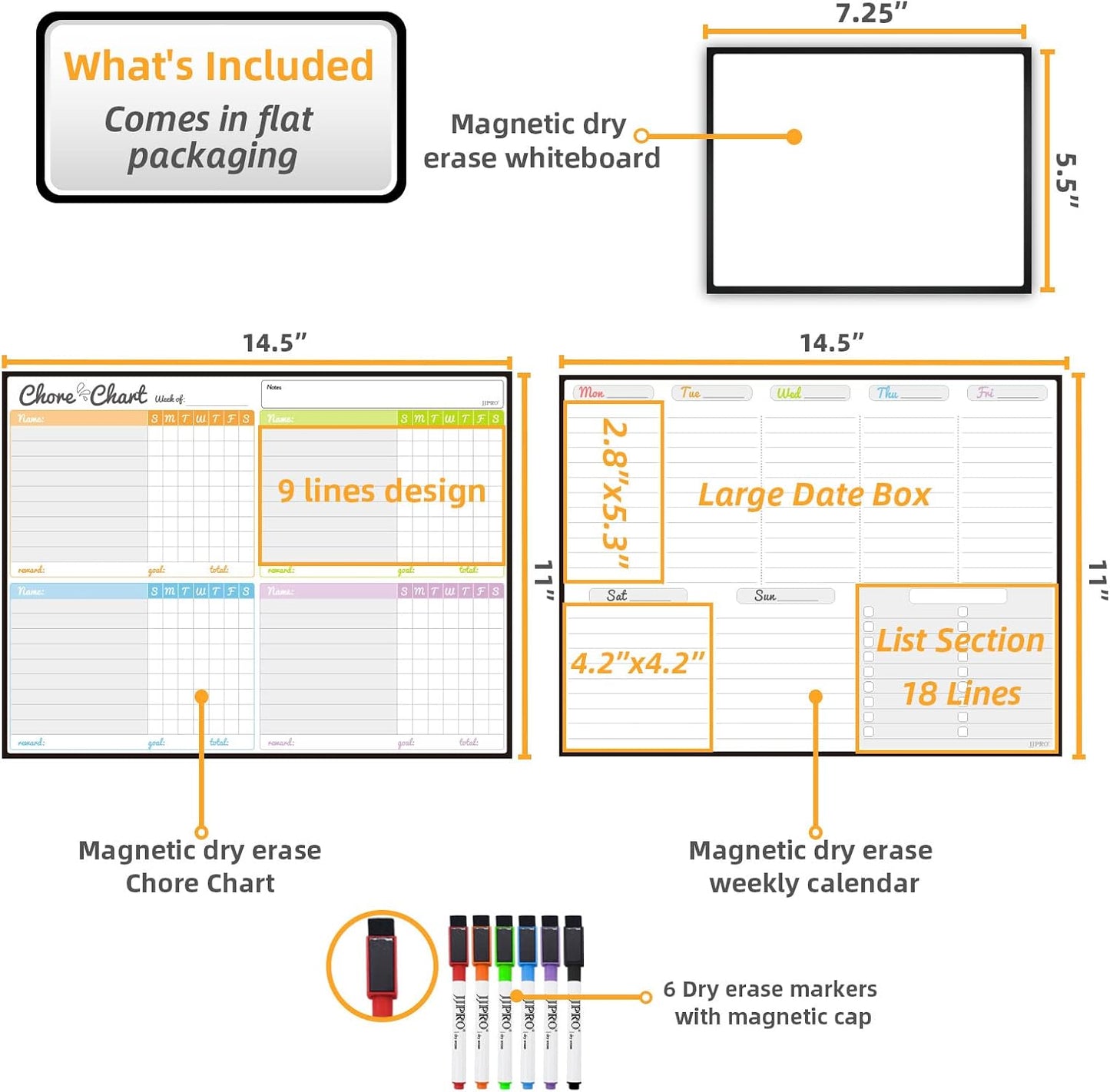 JJPRO Magnetic Dry Erase Chore Chart Set for Fridge-Used for Multiple Kids-One Chore Chart and Two Bonus Dry Erase Pad/Grocery Boards-Behavior Chart for Multiple Kids