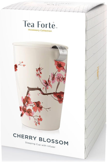 Tea Forte Double-Walled Ceramic Kati Cup, Noir, 12 oz | Insulated Ceramic - Stainless Steel Loose Leaf Infuser - Keeps Tea Hot Longer - Lid Included - Microwave & Dishwasher Safe