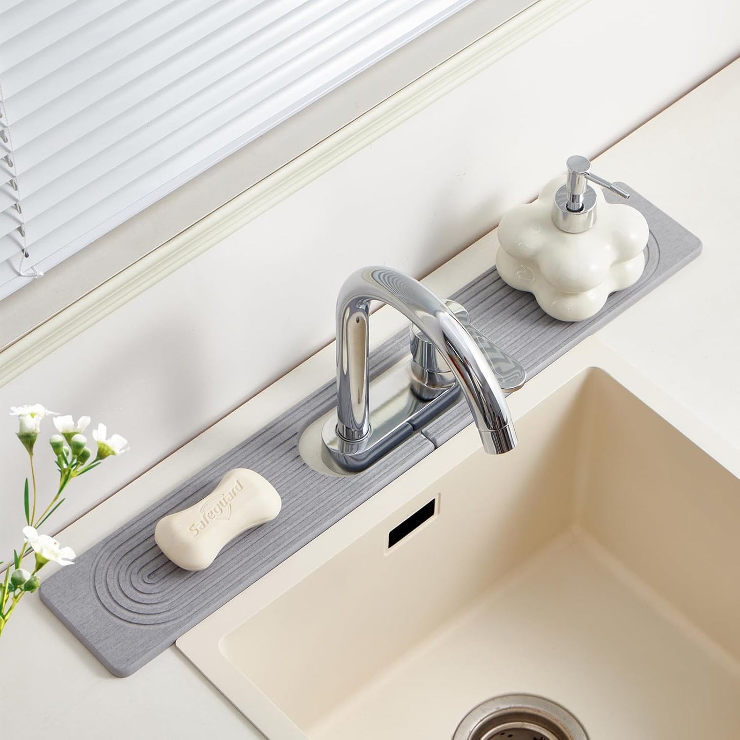 Stone Faucet Mat for Kitchen Sink Oval Hole Bathroom sink splash guard | Water-Absorbing Diatomite Stone Drying Mat & Sink Protectors Absorbent Stone Tray for Bathroom Counter, Oval Hole 6.5" x 2.5"